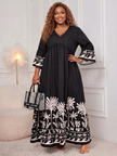 Honey Plus Size Printed V-Neck Long Sleeve Maxi Dress Wäre Rare Fashion