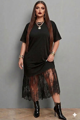Plus Size Lace Hem Patchwork T-Shirt Midi Dress Wäre Rare Fashion