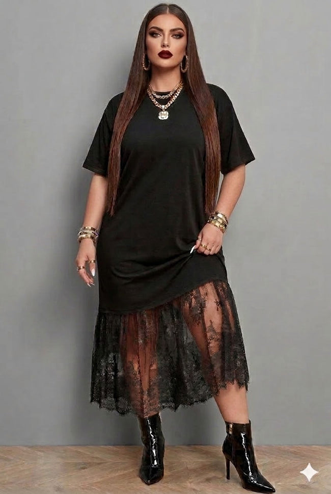 Plus Size Lace Hem Patchwork T-Shirt Midi Dress Wäre Rare Fashion