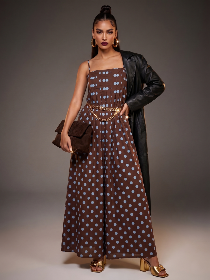 Polka Dot Pleated Detail Maxi Dress ware rare trend