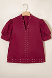 Rivet Embellished V-Neck Short Puff Sleeve Blouse Wäre Rare Fashion