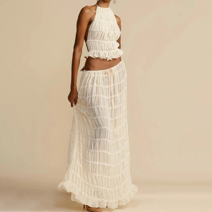 2pcs Women's Dress Suit Sexy Sleeveless Backless Cropped Halter Top And Pleated Long Skirt Beach Clothing Route