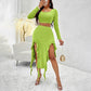 Women's Long Sleeve Round Neck Pleated Dress Suit - Solid Color Elegant Ruffle Outfit WARE RARE JUSA