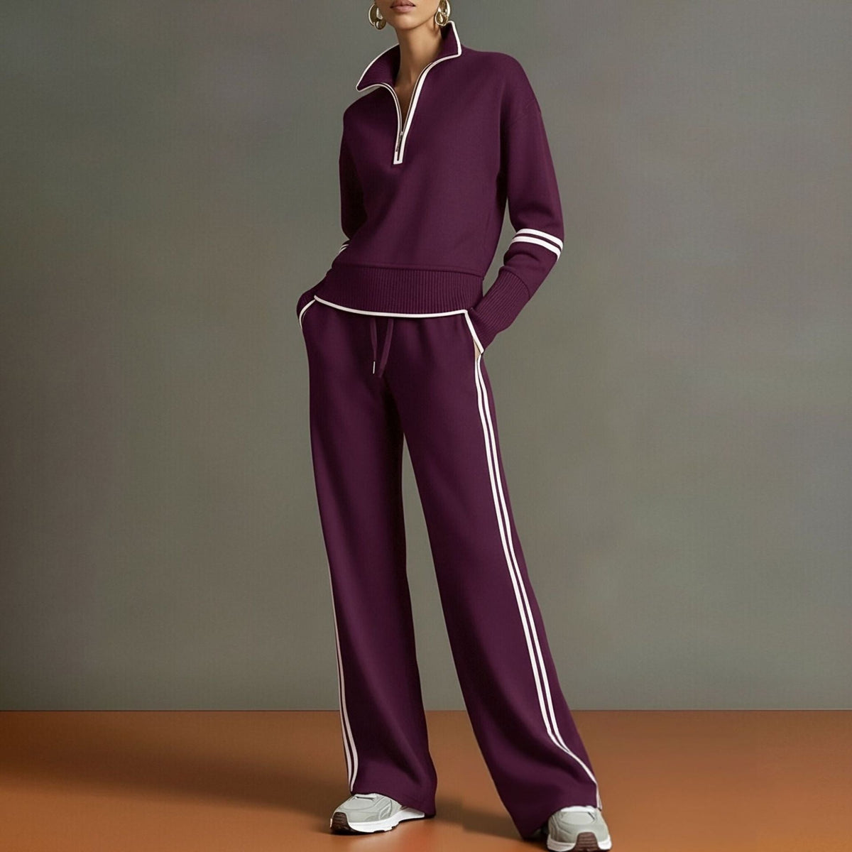 Women's Half-Zip Striped Sweatshirt & Wide-Leg Pants Set MERIDGE