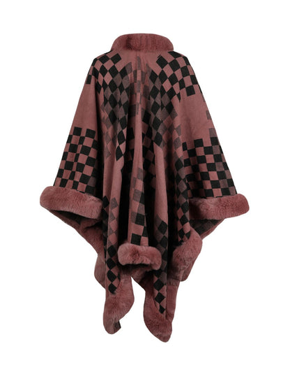 Checkered Faux Fur Trim Poncho Trendsi