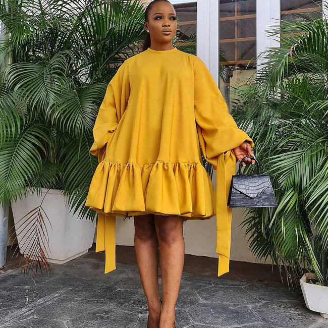 Women's Loose Solid Color Puff Sleeve Dress YNIQUE