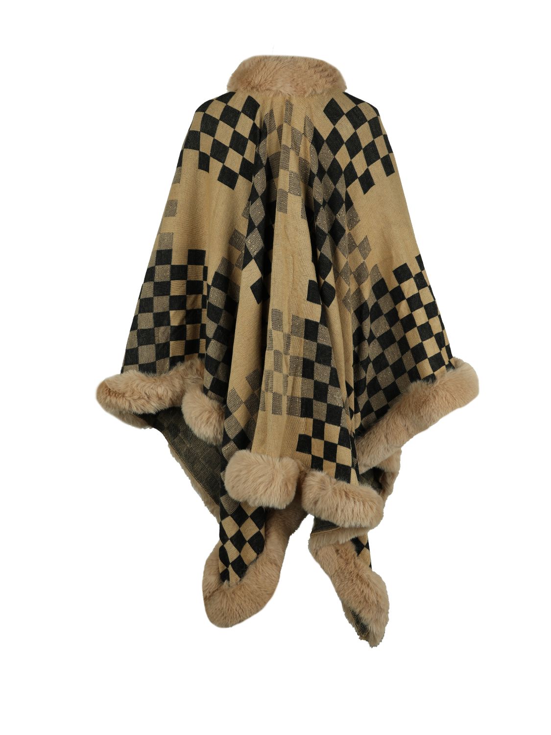 Checkered Faux Fur Trim Poncho Trendsi