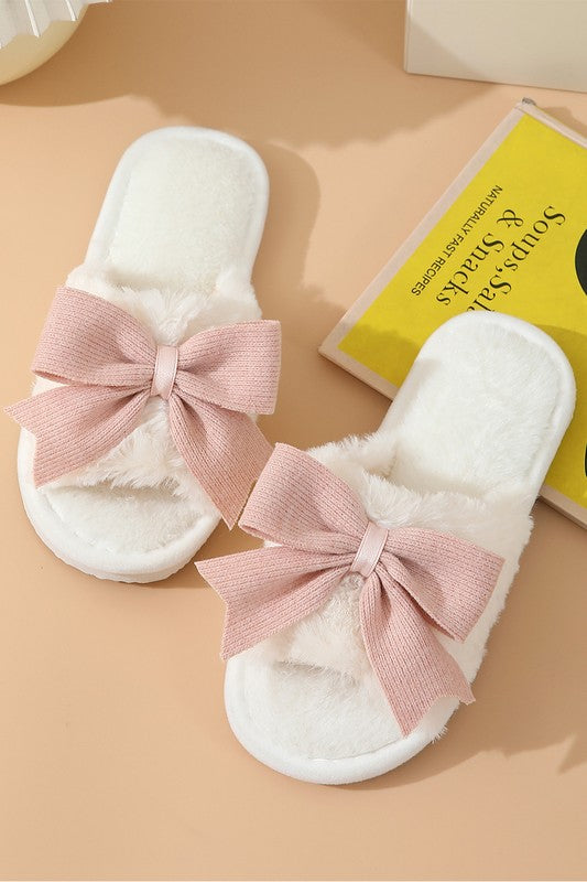 White Bow Knot Decor Open Toe Plush Slippers YNIQUE