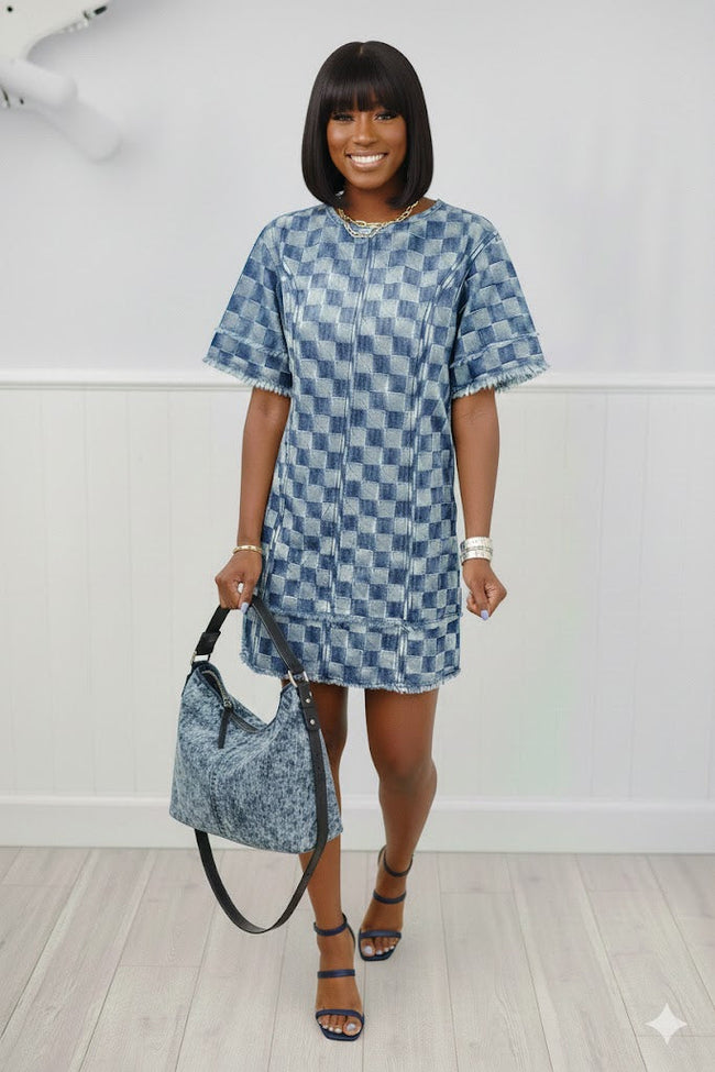 Checker Denim Frayed Hem Mini Dress Wäre Rare Fashion