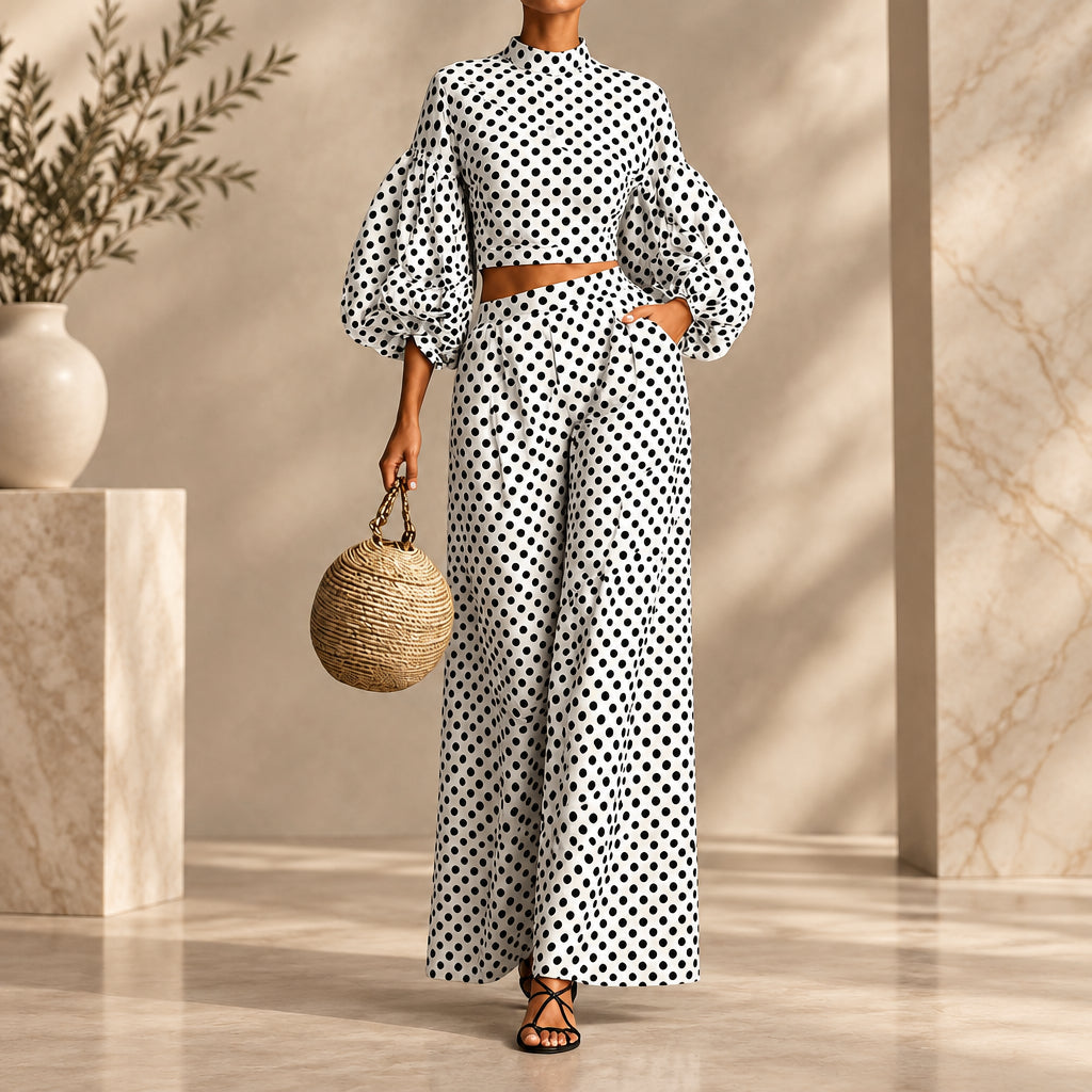 Women's 2-Piece Polka Dot Set – Lantern-Sleeve Mock-Neck Crop Top & High-Waisted Wide-Leg Trouser MERIDGE