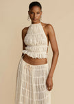 2pcs Women's Dress Suit Sexy Sleeveless Backless Cropped Halter Top And Pleated Long Skirt Beach Clothing Route