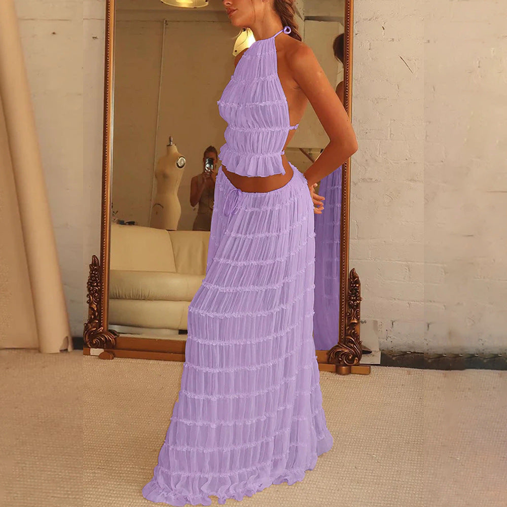 2pcs Women's Dress Suit Sexy Sleeveless Backless Cropped Halter Top And Pleated Long Skirt Beach Clothing Route