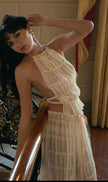 2pcs Women's Dress Suit Sexy Sleeveless Backless Cropped Halter Top And Pleated Long Skirt Beach Clothing Route