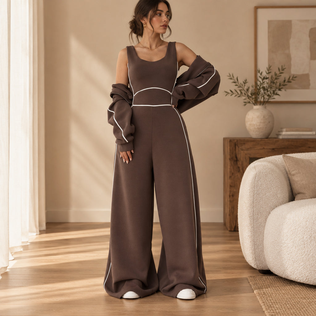 Women's Contrast-Piped Wide-Leg Jumpsuit & Cropped Zip Jacket Set MERIDGE