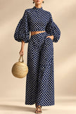 Women's 2-Piece Polka Dot Set – Lantern-Sleeve Mock-Neck Crop Top & High-Waisted Wide-Leg Trouser MERIDGE