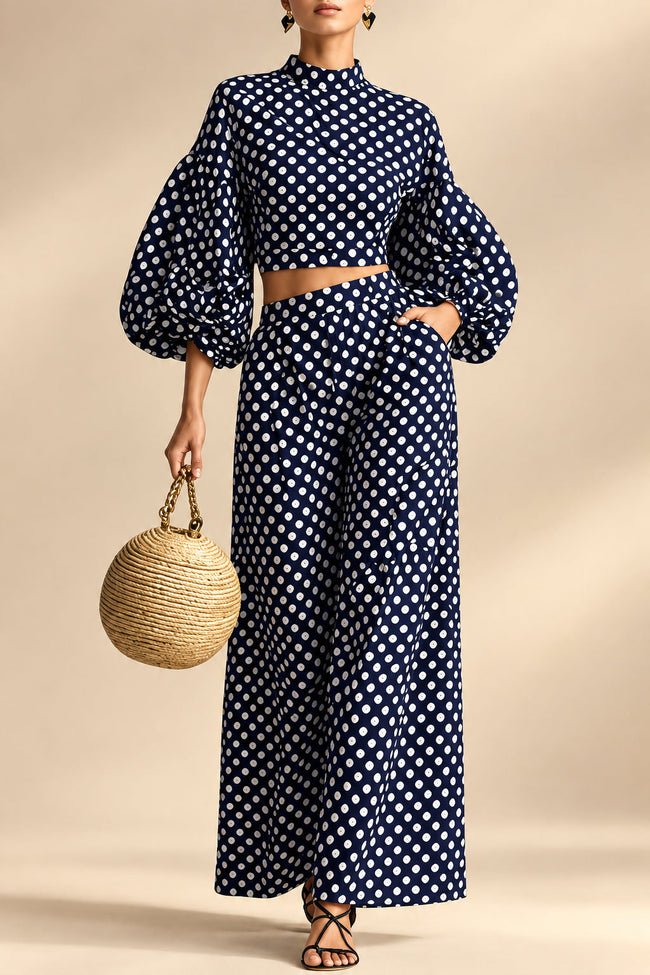 Women's 2-Piece Polka Dot Set – Lantern-Sleeve Mock-Neck Crop Top & High-Waisted Wide-Leg Trouser MERIDGE