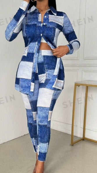 Denim Effect Pants Set Wäre Rare