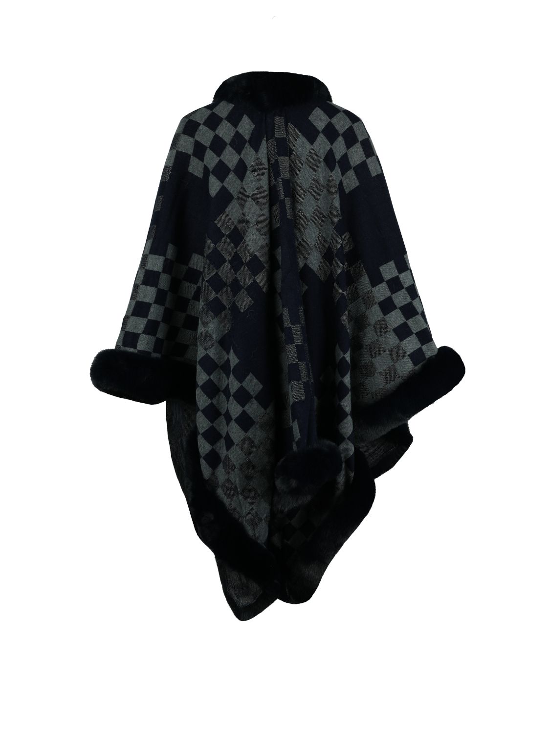 Checkered Faux Fur Trim Poncho Trendsi