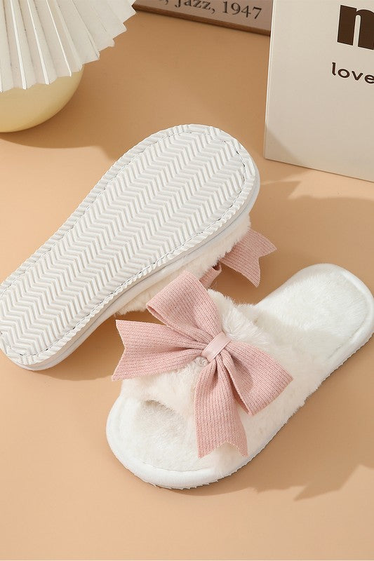 White Bow Knot Decor Open Toe Plush Slippers YNIQUE