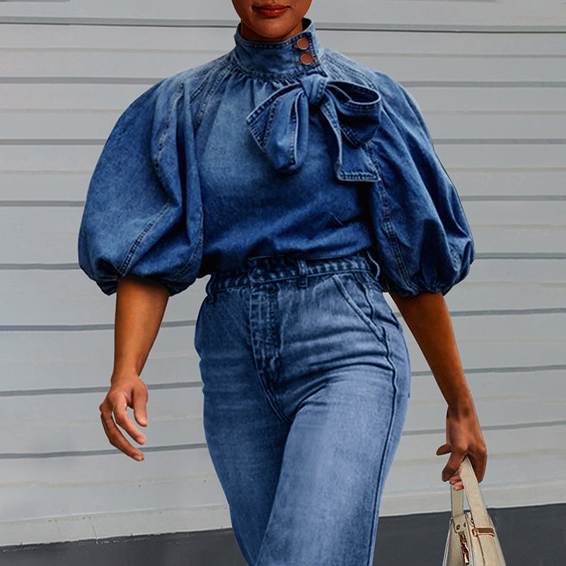 Women's Denim Puff Sleeve Top Solid Color Stand Collar Blouse With Bow Detail For Spring And Fall YNIQUE