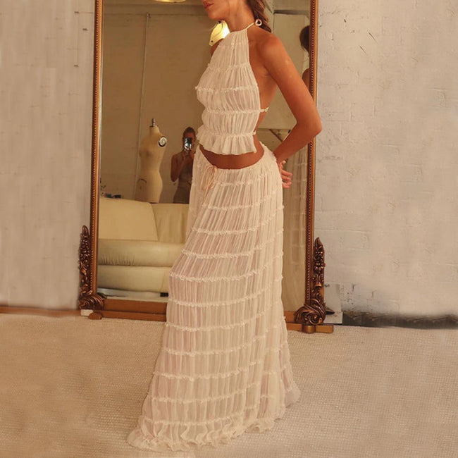 2pcs Women's Dress Suit Sexy Sleeveless Backless Cropped Halter Top And Pleated Long Skirt Beach Clothing Route