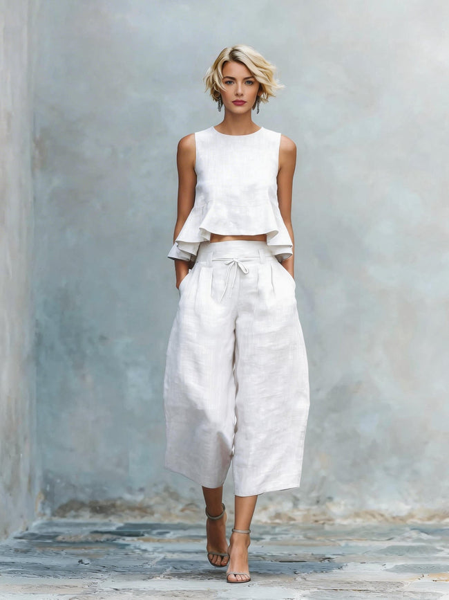 Womens Linen-blend Two-piece Set With Ruffled Detailing Route