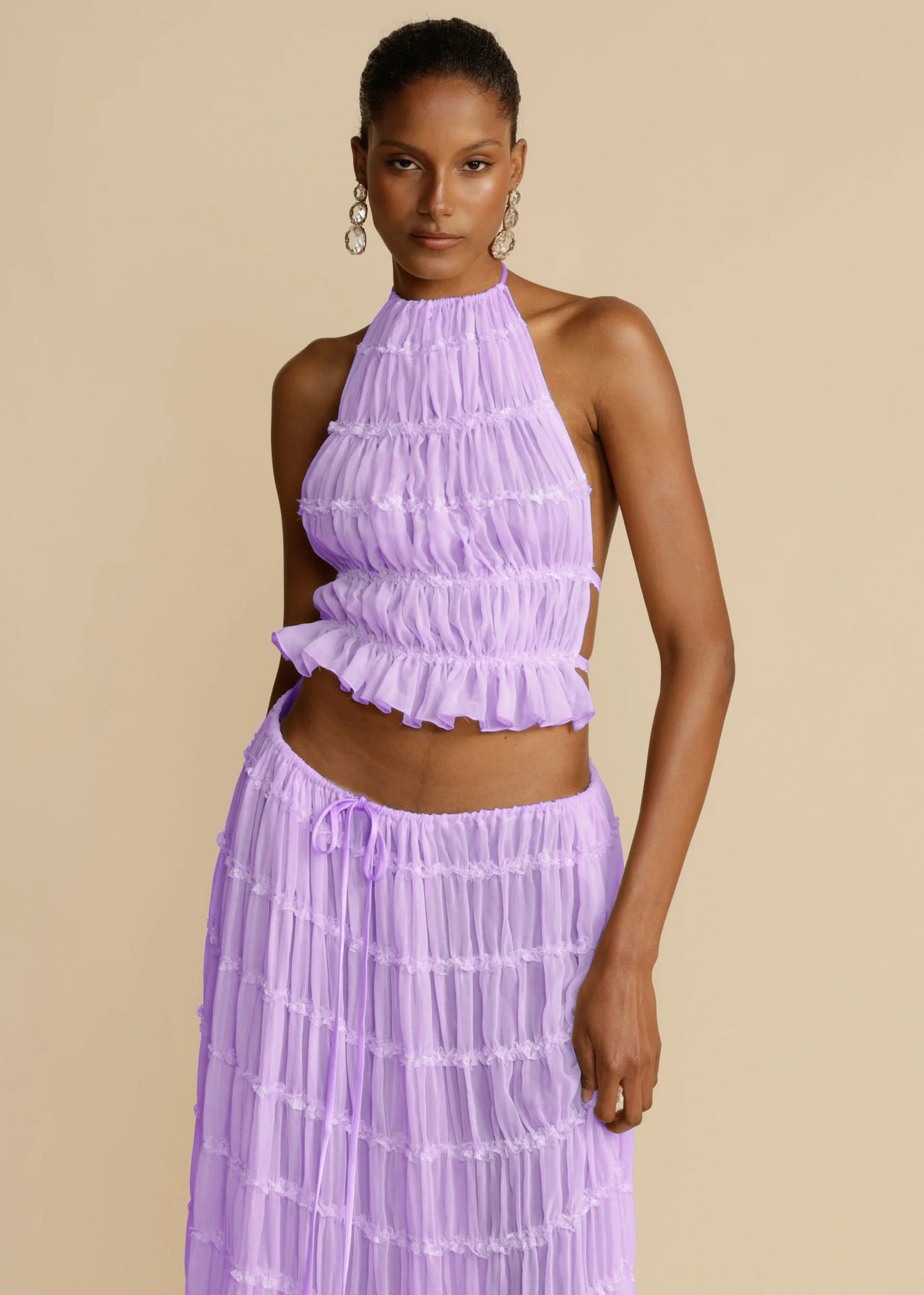 2pcs Women's Dress Suit Sexy Sleeveless Backless Cropped Halter Top And Pleated Long Skirt Beach Clothing Route