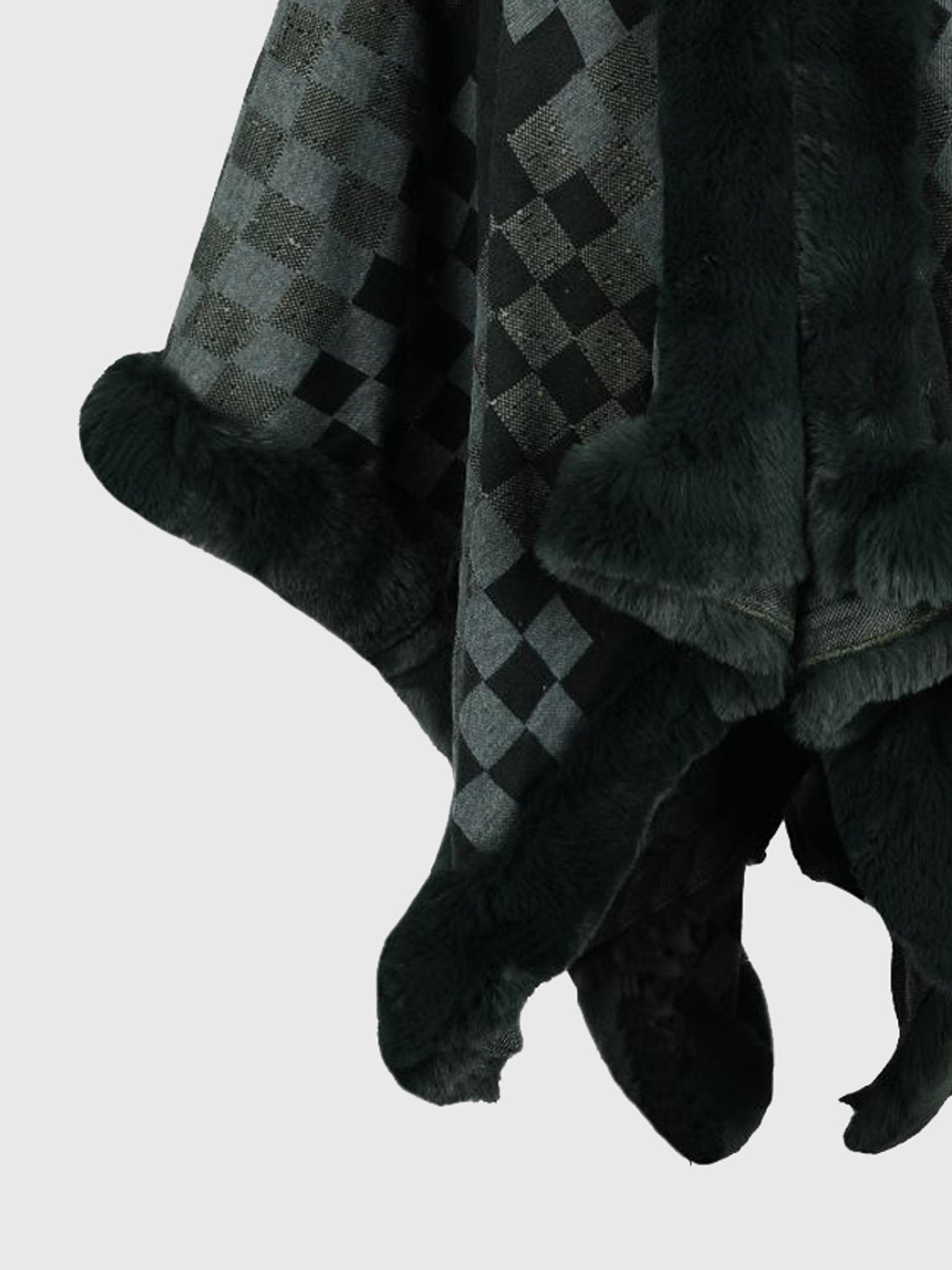 Checkered Faux Fur Trim Poncho Trendsi