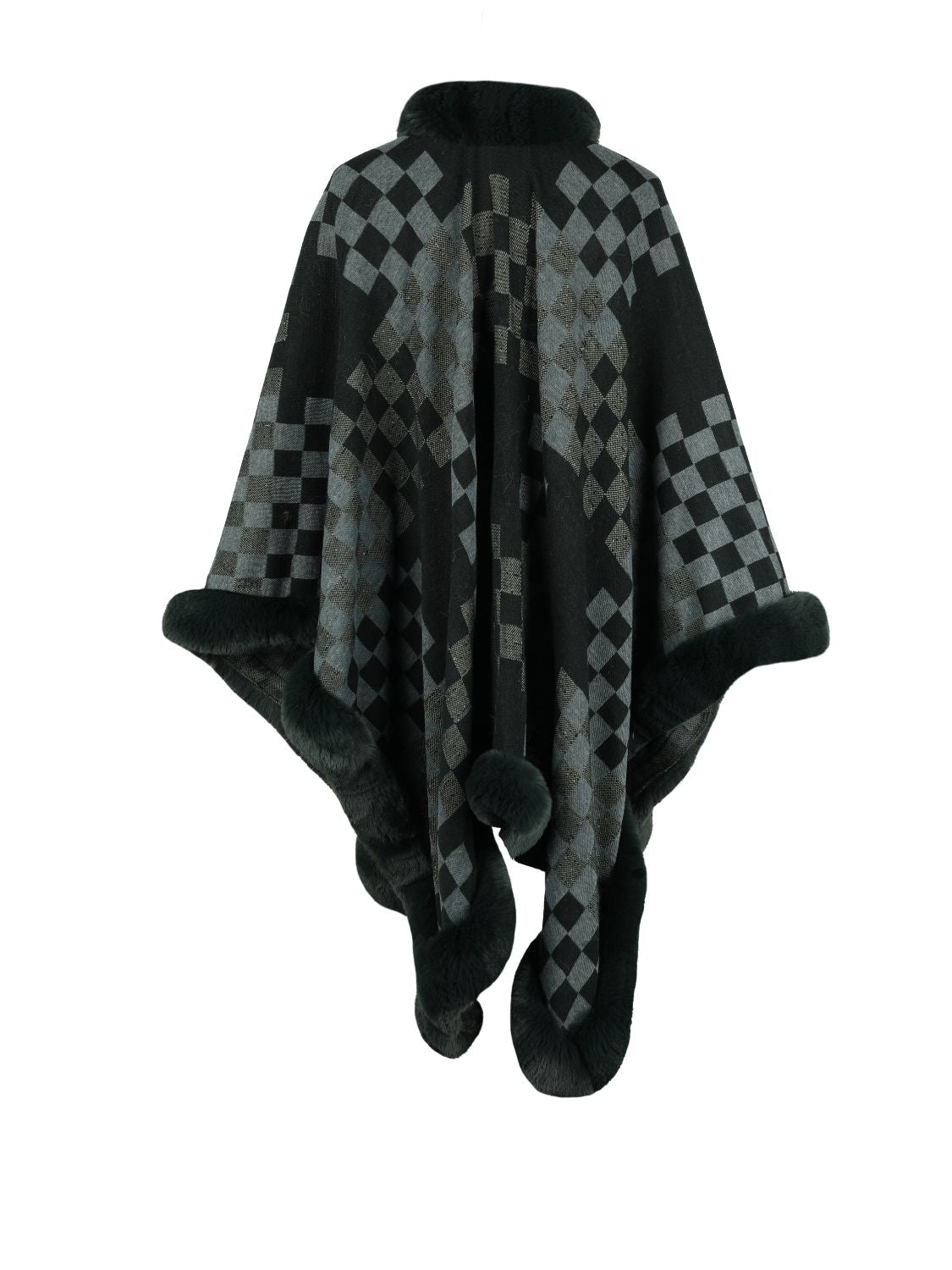 Checkered Faux Fur Trim Poncho Trendsi