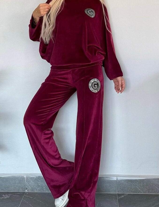 Velvet Solid Color Crew-neck Batwing Sleeve Casual Two-piece Suit Women's Clothing YNIQUE