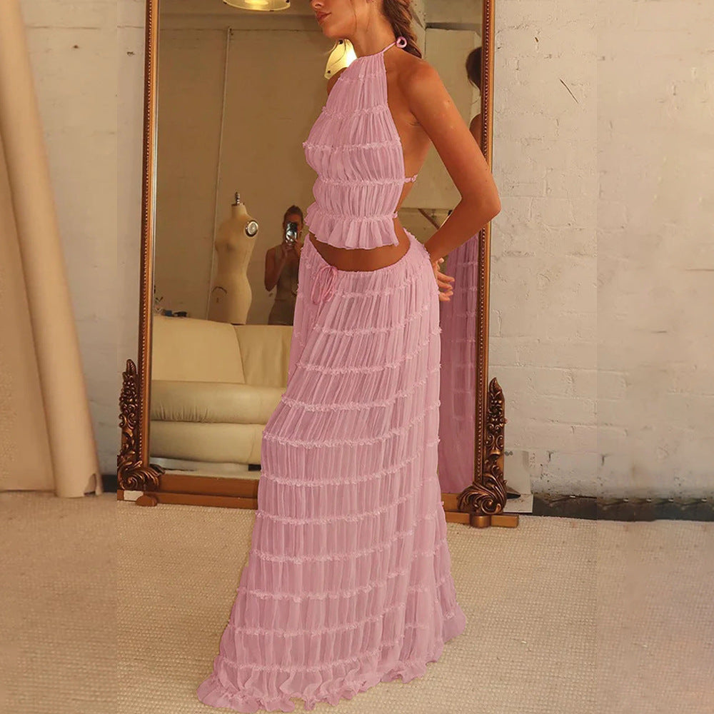 2pcs Women's Dress Suit Sexy Sleeveless Backless Cropped Halter Top And Pleated Long Skirt Beach Clothing Route