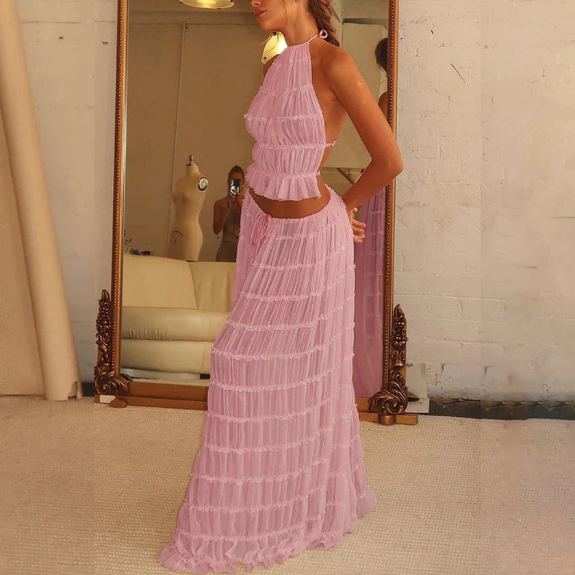 2pcs Women's Dress Suit Sexy Sleeveless Backless Cropped Halter Top And Pleated Long Skirt Beach Clothing Route