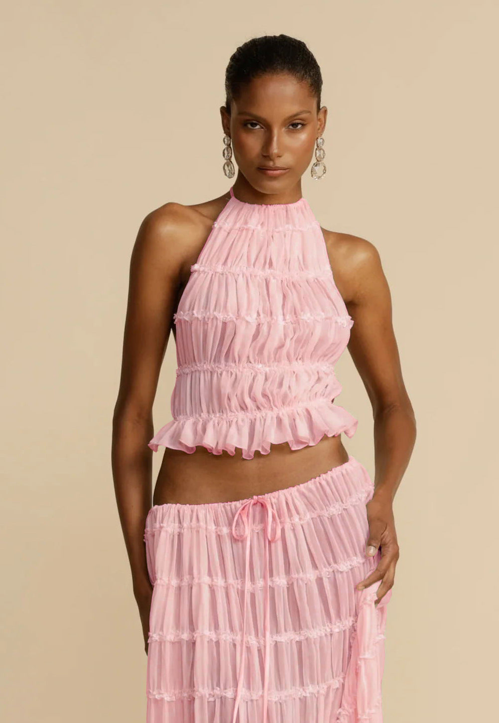2pcs Women's Dress Suit Sexy Sleeveless Backless Cropped Halter Top And Pleated Long Skirt Beach Clothing Route