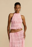 2pcs Women's Dress Suit Sexy Sleeveless Backless Cropped Halter Top And Pleated Long Skirt Beach Clothing Route