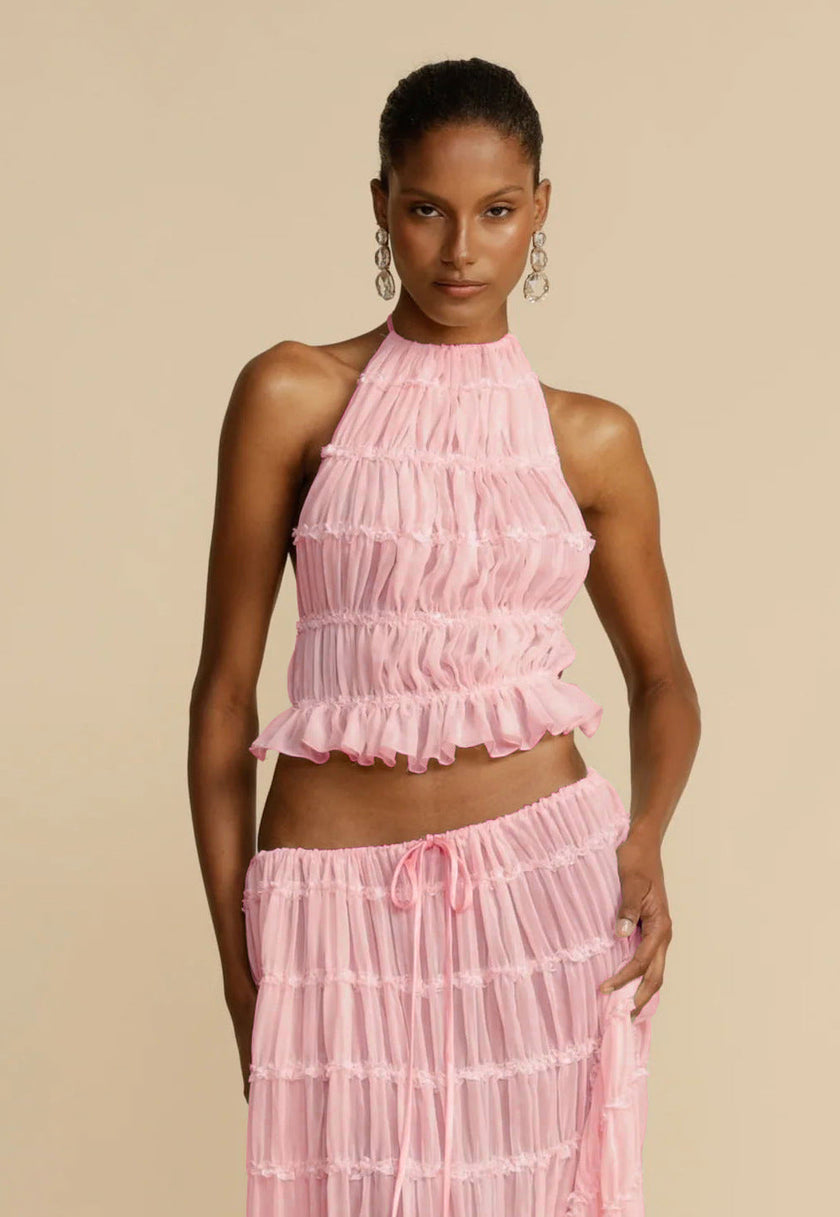 2pcs Women's Dress Suit Sexy Sleeveless Backless Cropped Halter Top And Pleated Long Skirt Beach Clothing Route