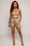 Metallic Tie Elastic Waist Cuffed Hem Shorts Wäre Rare Fashion