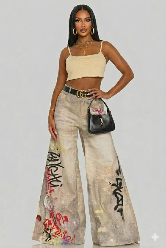 Street Poet Graffiti Wide-Leg Jeans Wäre Rare Fashion