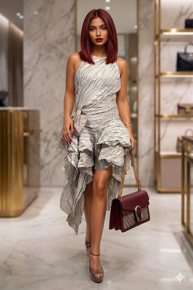 Silver Mirage Pleated Ruffle Dress Wäre Rare Fashion