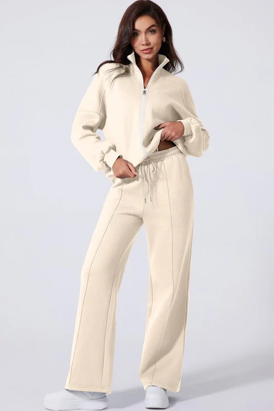 Solid Zip-Up Jacket and Drawstring Pants Set Wäre Rare Fashion