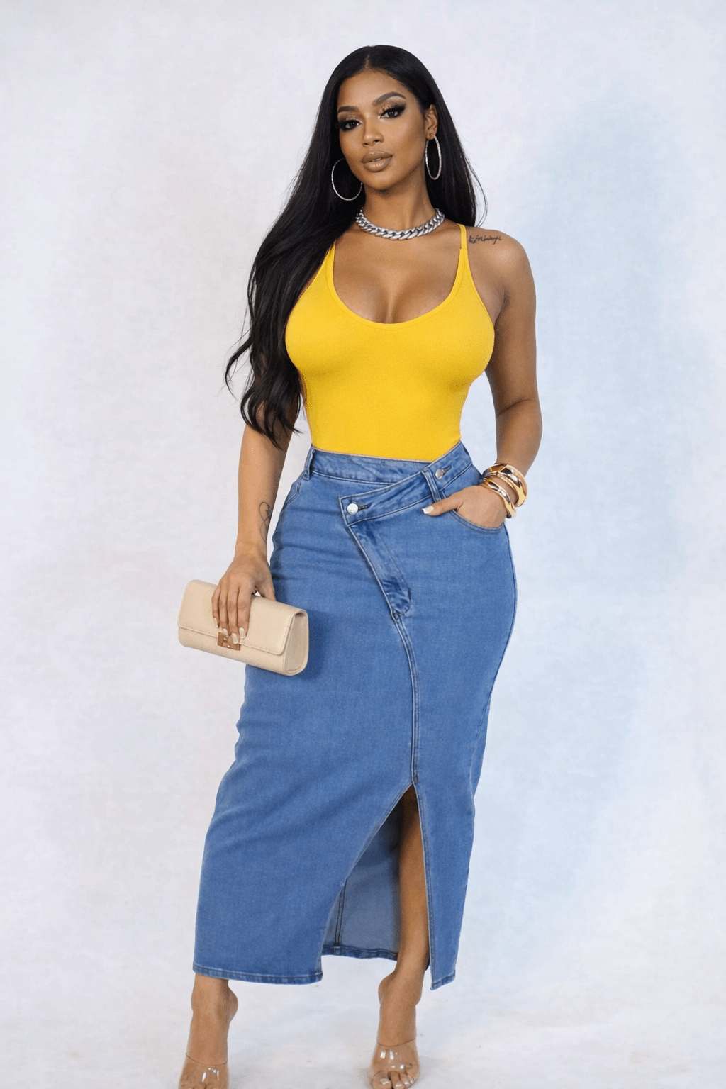 It Girl Asymmetrical High-Waist Denim Midi Skirt with Front Slit Blaire Shops