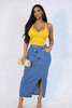 It Girl Asymmetrical High-Waist Denim Midi Skirt with Front Slit Blaire Shops