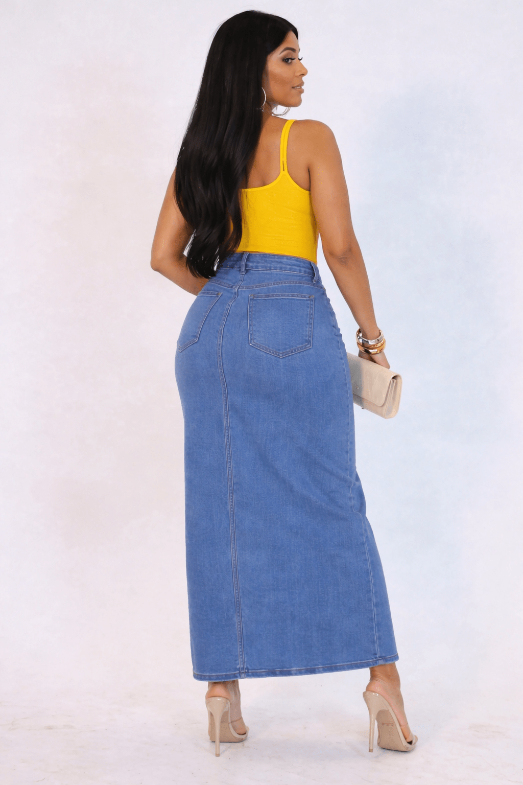 It Girl Asymmetrical High-Waist Denim Midi Skirt with Front Slit Blaire Shops