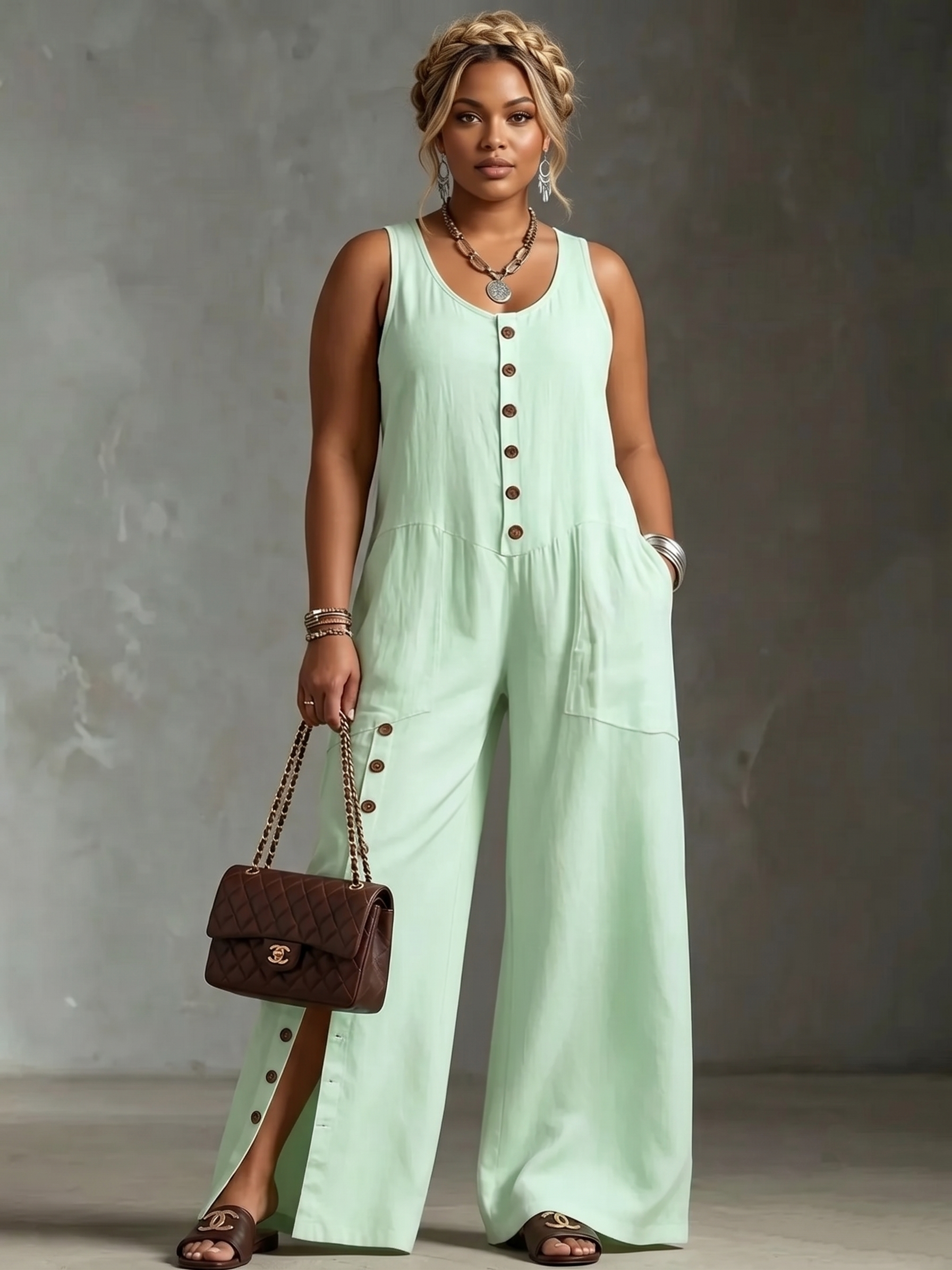Full Size Sleeveless Button Front Wide Leg Jumpsuit Plus Size ware rare trend