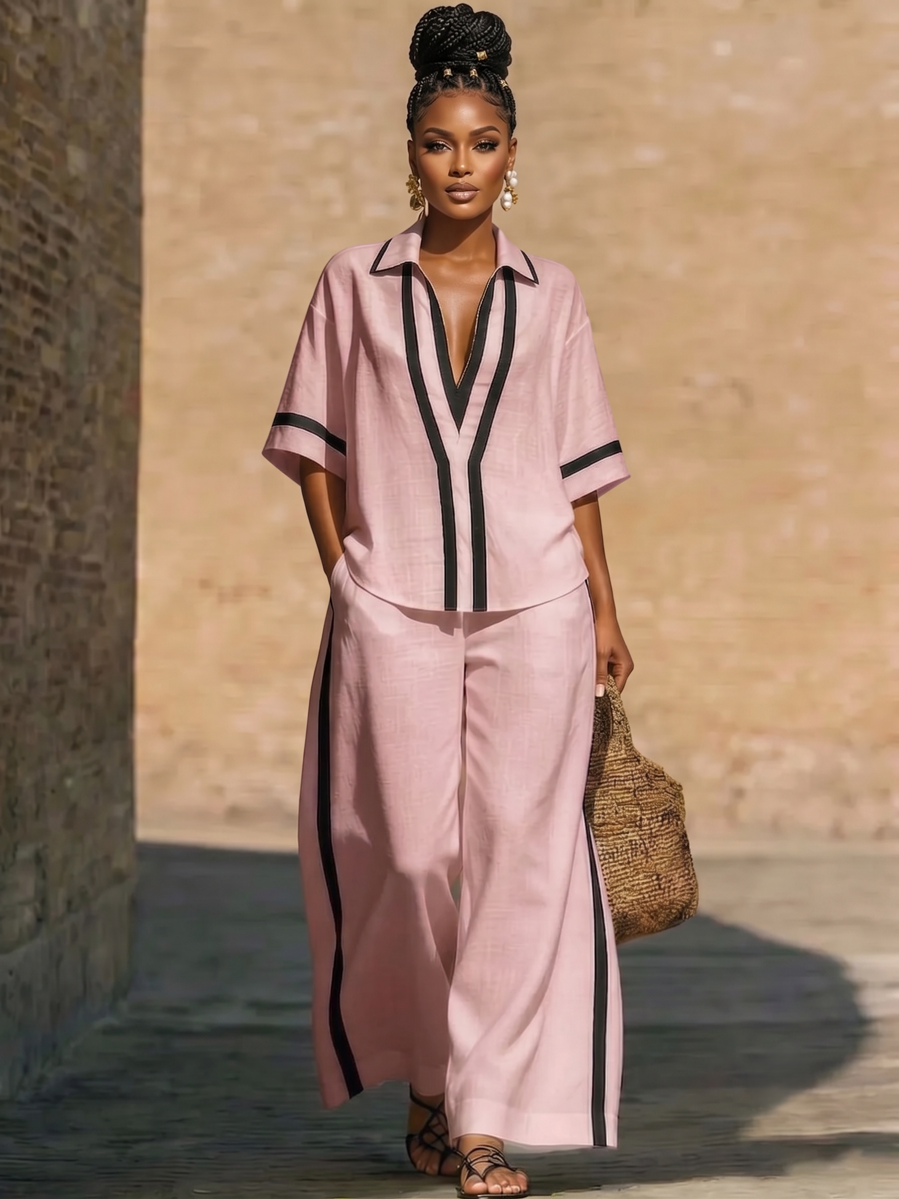 Full Size Contrast Trim Top and Pants Set Plus Size ware rare trend