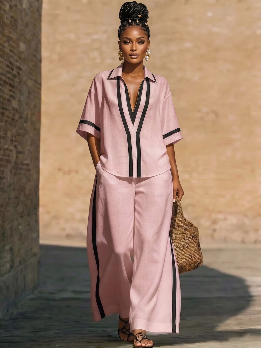 Full Size Contrast Trim Top and Pants Set Plus Size ware rare trend
