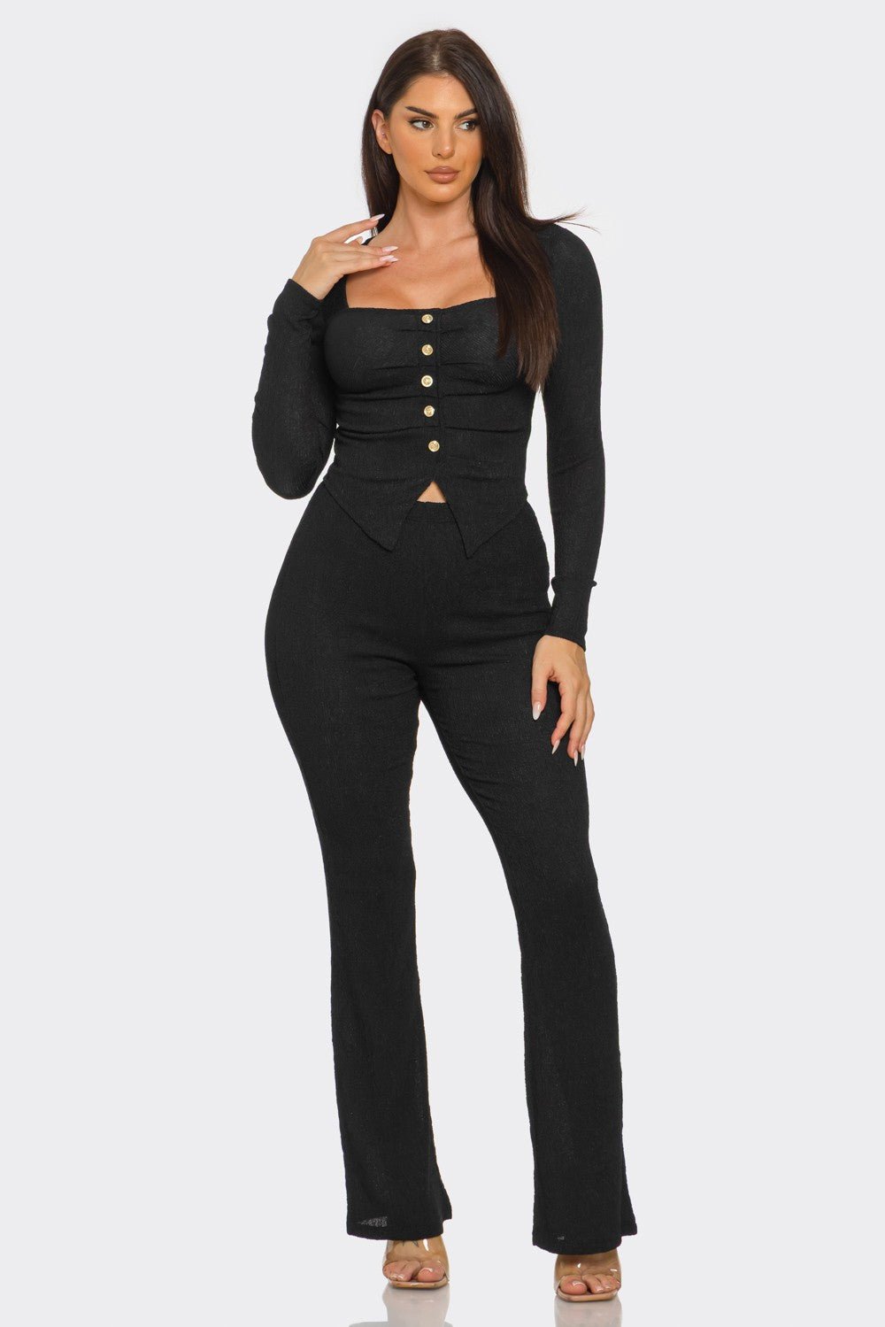 Pleated Button Detail Slit Top & Pants Set – Women’s Two Piece Outfit Blaire Shops