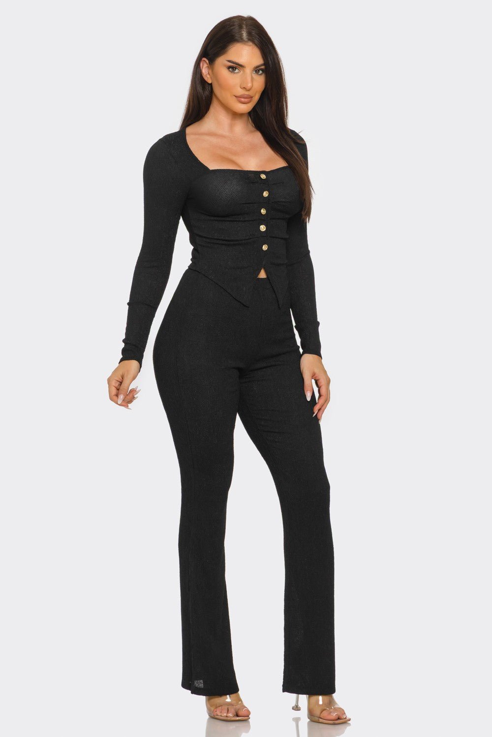 Pleated Button Detail Slit Top & Pants Set – Women’s Two Piece Outfit Blaire Shops