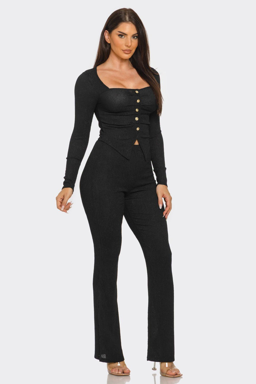 Pleated Button Detail Slit Top & Pants Set – Women’s Two Piece Outfit Blaire Shops