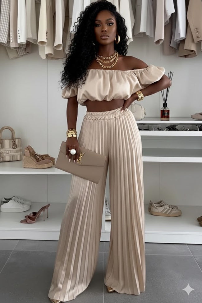 Off-Shoulder Top and Pleated Pants Set ware rare trend