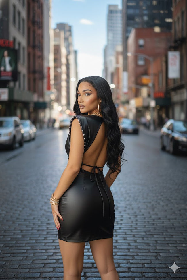 Studded Shoulder Faux Leather Mini Dress Wäre Rare Fashion